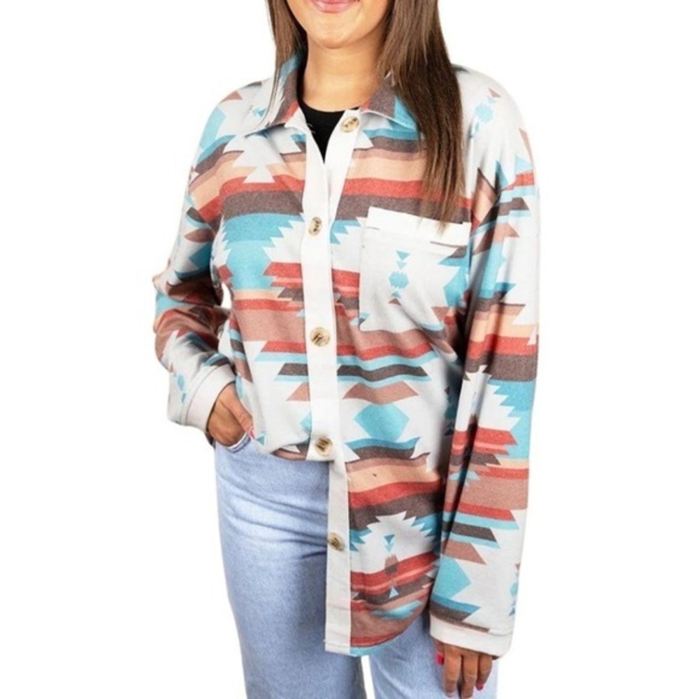 Women's Soft Aztec Print Button‎ Shirt Lightweight Shacket 3XL NWT